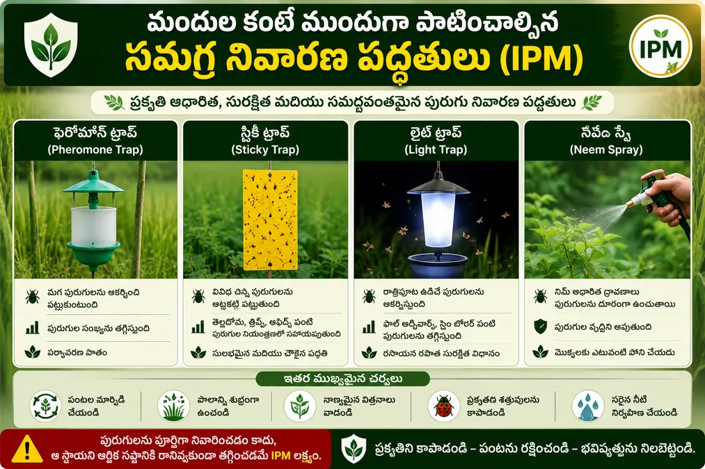 పంటల్లో వచ్చే ప్రధాన పురుగుల నివారణకు ఉపయోగించే IPM పద్ధతులు – ఫెరోమోన్ ట్రాప్, స్టిక్కీ ట్రాప్, లైట్ ట్రాప్ మరియు వేప స్ప్రే