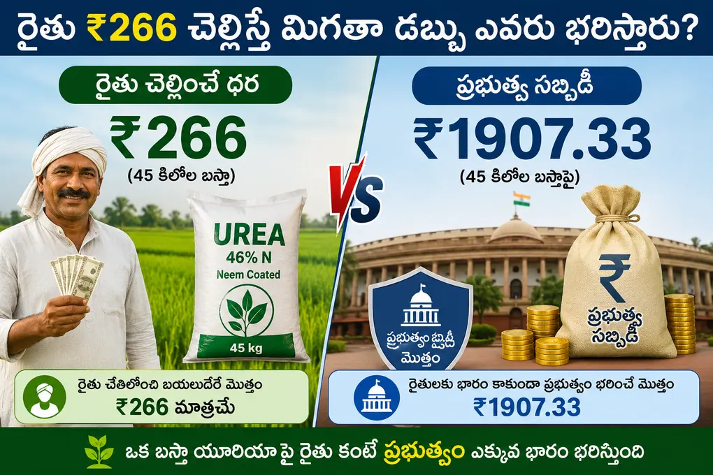 urea subsidy farmer vs government యూరియా బస్తాపై రైతు చెల్లింపు మరియు ప్రభుత్వ సబ్సిడీ పోలిక