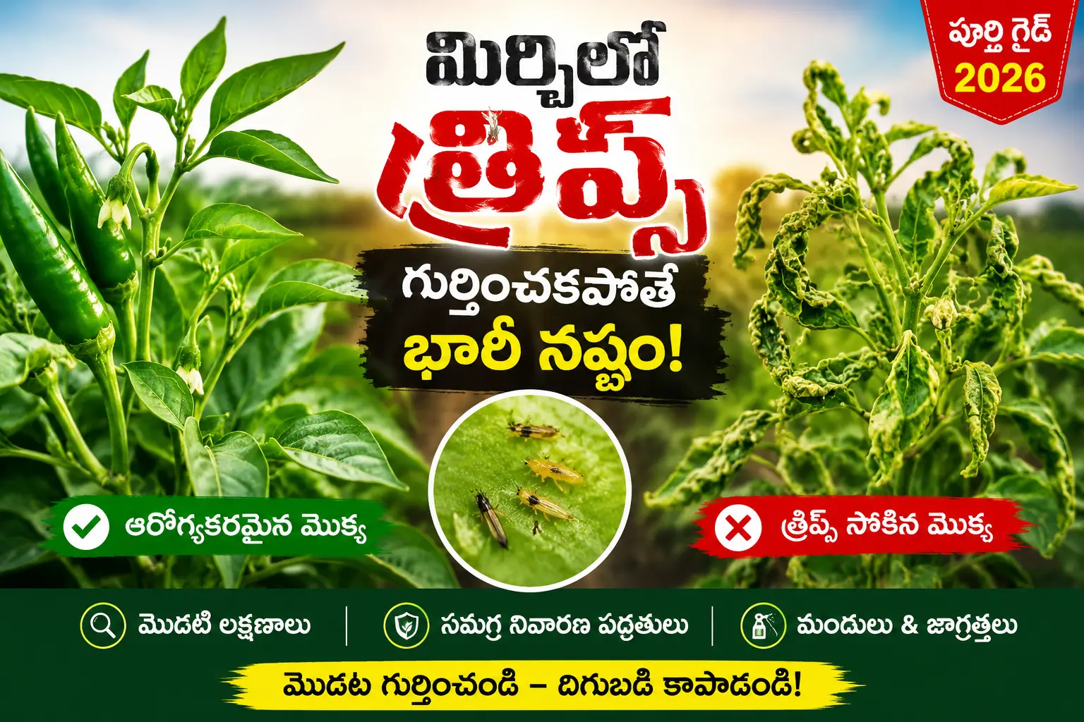 మిర్చిలో త్రిప్స్ దాడి వల్ల ముడుచుకున్న ఆకులు మరియు ఆరోగ్యకరమైన మిర్చి మొక్క పోలిక